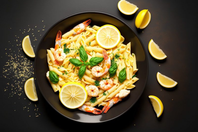 Паста с креветками и зелёным горошком